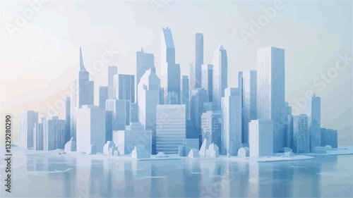 The image depicts a stylized, minimalist cityscape rendered in shades of white and light blue. The buildings are geometric and simplified, lacking intricate details.  They are arranged densely,