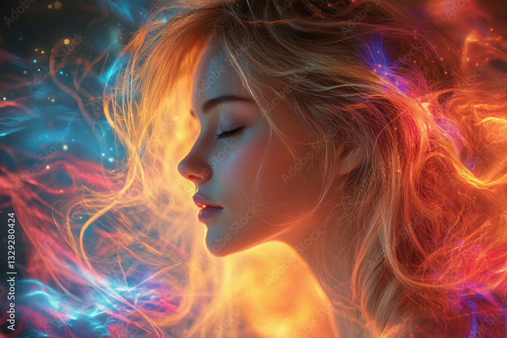Portrait of a serene woman surrounded by ethereal cosmic astral lights and glowing vibrant energy patterns Portrait of a serene woman surrounded by ethereal cosmic astral lights and glowing vibrant energy patterns