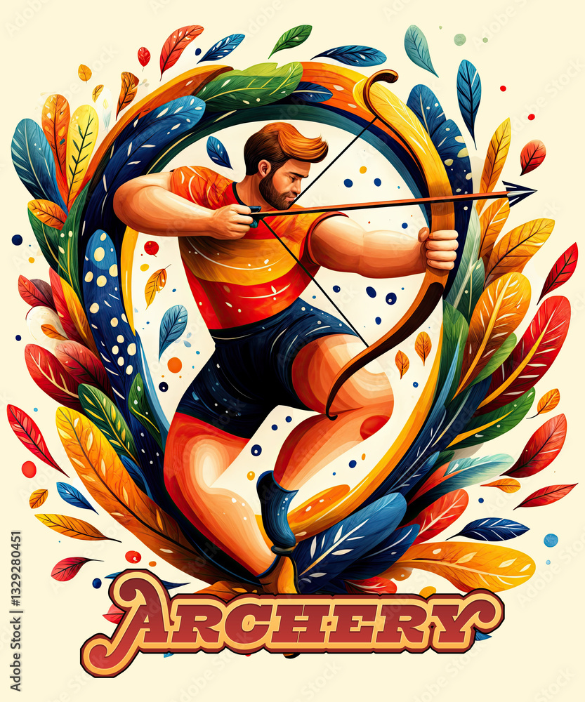 a vibrant illustration of an archer in mid-action, surrounded by colorful feathers and a circular frame. Below the archer, the word