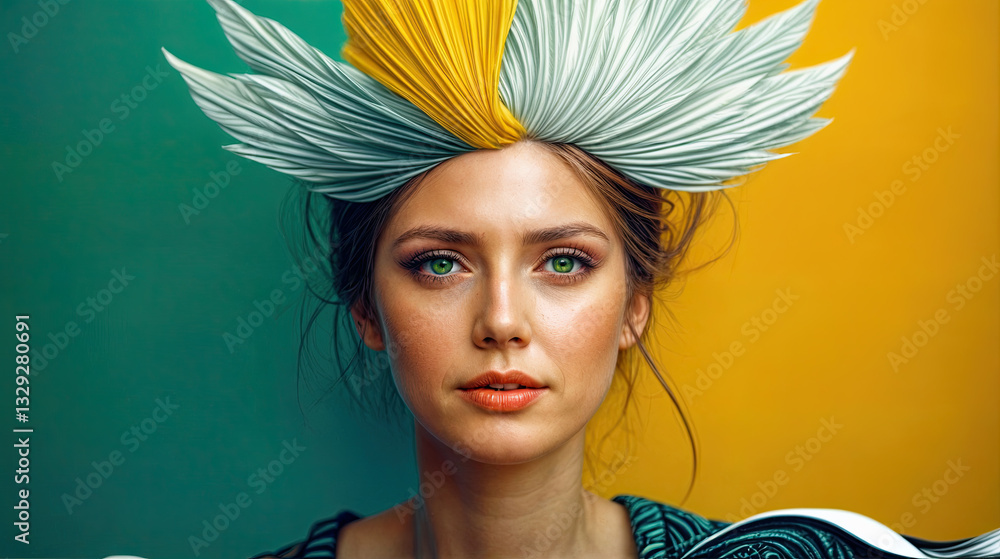 A woman with striking green eyes and a sophisticated updo, adorned with a vibrant yellow and teal headpiece.