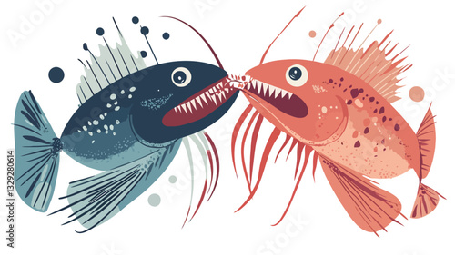 Digital illustration of two stylized fish. One is predominantly dark blue and teal, the other is coral and orange-pink. Both have exaggerated features, including large mouths with sharp teeth and