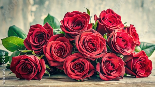 Classic floral still life:  vintage red roses bloom, exquisitely photographed on white.