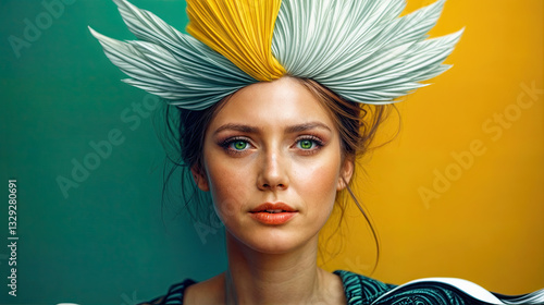 Obraz na płótnie A woman with striking green eyes and a sophisticated updo, adorned with a vibrant yellow and teal headpiece. w salonie