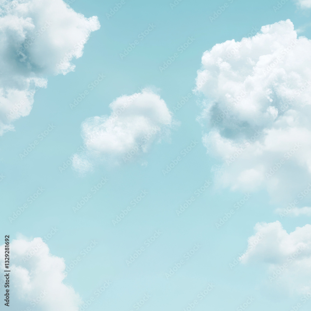 Fluffy white clouds float in serene blue sky, creating peaceful atmosphere Fluffy white clouds float in serene blue sky, creating peaceful atmosphere