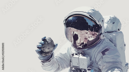 Close-up shot of an astronaut wearing a white space suit and helmet. The astronaut is holding a small, indistinct object in their gloved hand. The background is a plain white, providing high