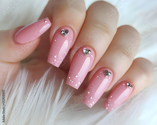 A delicate hand displays elegantly manicured pink nails adorned with sparkling silver hearts and shimmering glitter, exuding playful elegance.