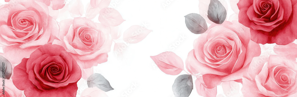 Beautiful watercolor roses in shades of pink and red with soft leaves create romantic and elegant floral design. Perfect for invitations or decor Beautiful watercolor roses in shades of pink and red with soft leaves create romantic and elegant floral design. Perfect for invitations or decor
