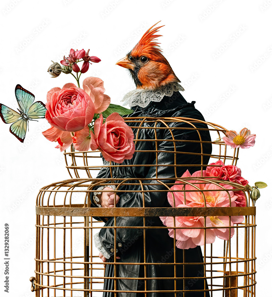 a birdcage adorned with pink roses and a butterfly, with a person inside the cage dressed in black attire.