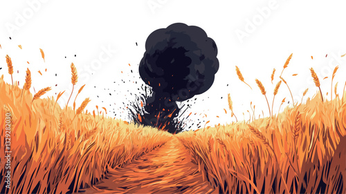 Digital painting depicting a path through a field of golden wheat. A large, dark plume of smoke and fire is visible in the center of the image, suggesting an explosion. The style is painterly, with