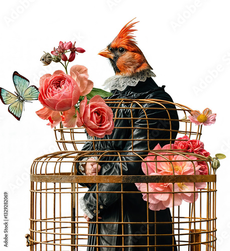 Obraz na płótnie a birdcage adorned with pink roses and a butterfly, with a person inside the cage dressed in black attire. w salonie