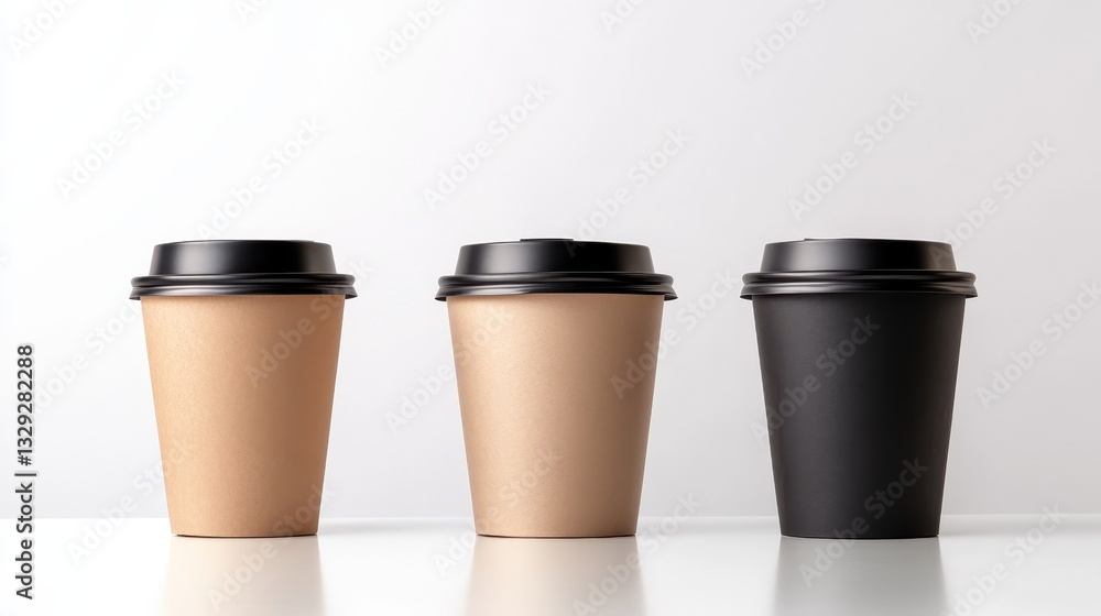 This image showcases three coffee cups in varying colors: brown, beige, and black, creating a minimalistic and modern aesthetic ideal for cafe and beverage-related themes. This image showcases three coffee cups in varying colors: brown, beige, and black, creating a minimalistic and modern aesthetic ideal for cafe and beverage-related themes.