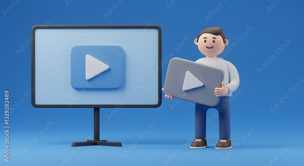 3D Cartoon Man Presenting Video Play Button on Blue Background 3D Cartoon Man Presenting Video Play Button on Blue Background