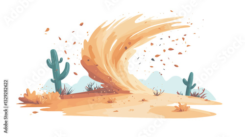 A digital painting or illustration depicting a dust devil swirling across a desert landscape.  The dust devil is rendered in shades of beige and yellow, with a dynamic, swirling form. Two cacti are