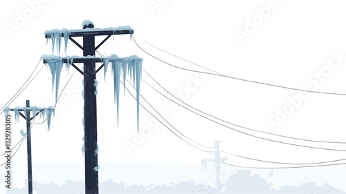 The image shows two utility poles covered in thick layers of ice and icicles.  The poles are dark brown or black. Multiple power lines stretch between the poles. The background is a hazy, light