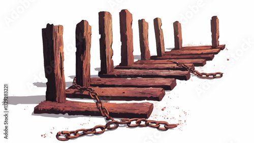 The image depicts a digitally rendered or painted illustration of a series of rusty wooden posts connected by rusty chains. The posts are arranged in a staggered, slightly diagonal line, receding