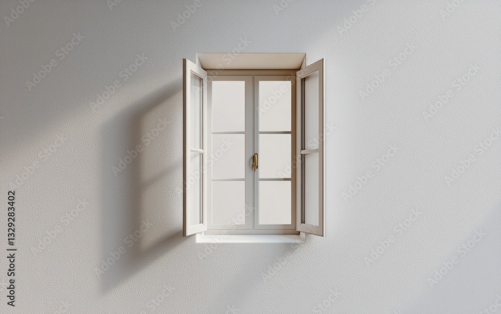 Open White Window with Gold Handle on Textured White Wall Bathed in Sunlight Open White Window with Gold Handle on Textured White Wall Bathed in Sunlight
