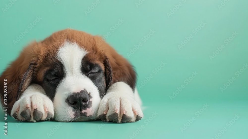 Realistic 1monthold Saint Bernard puppy lying down with big paws, gentle and cuddly, professional film capture on a green backdrop Realistic 1monthold Saint Bernard puppy lying down with big paws, gentle and cuddly, professional film capture on a green backdrop
