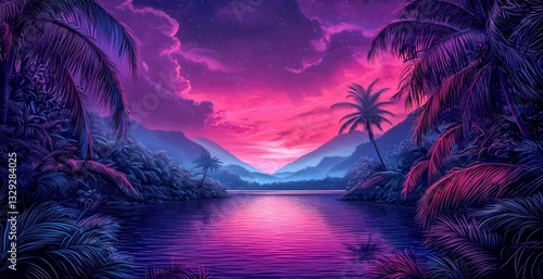Vibrant pink and purple sunset over a tropical lake framed by lush palm trees and distant mountains.