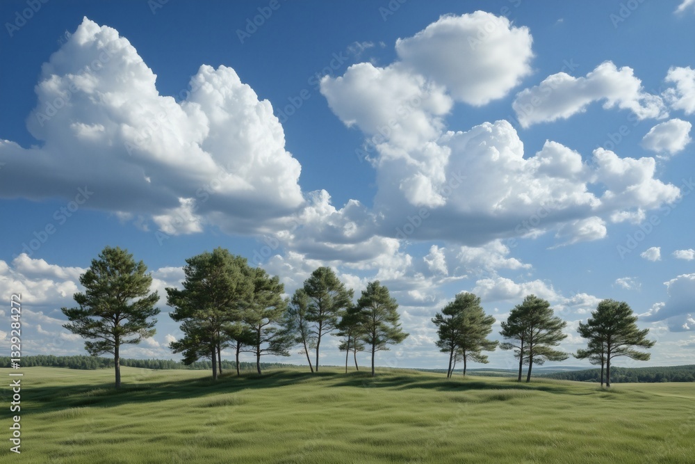 Fototapeta premium Trees on a grassy hill under a cloudy blue sky