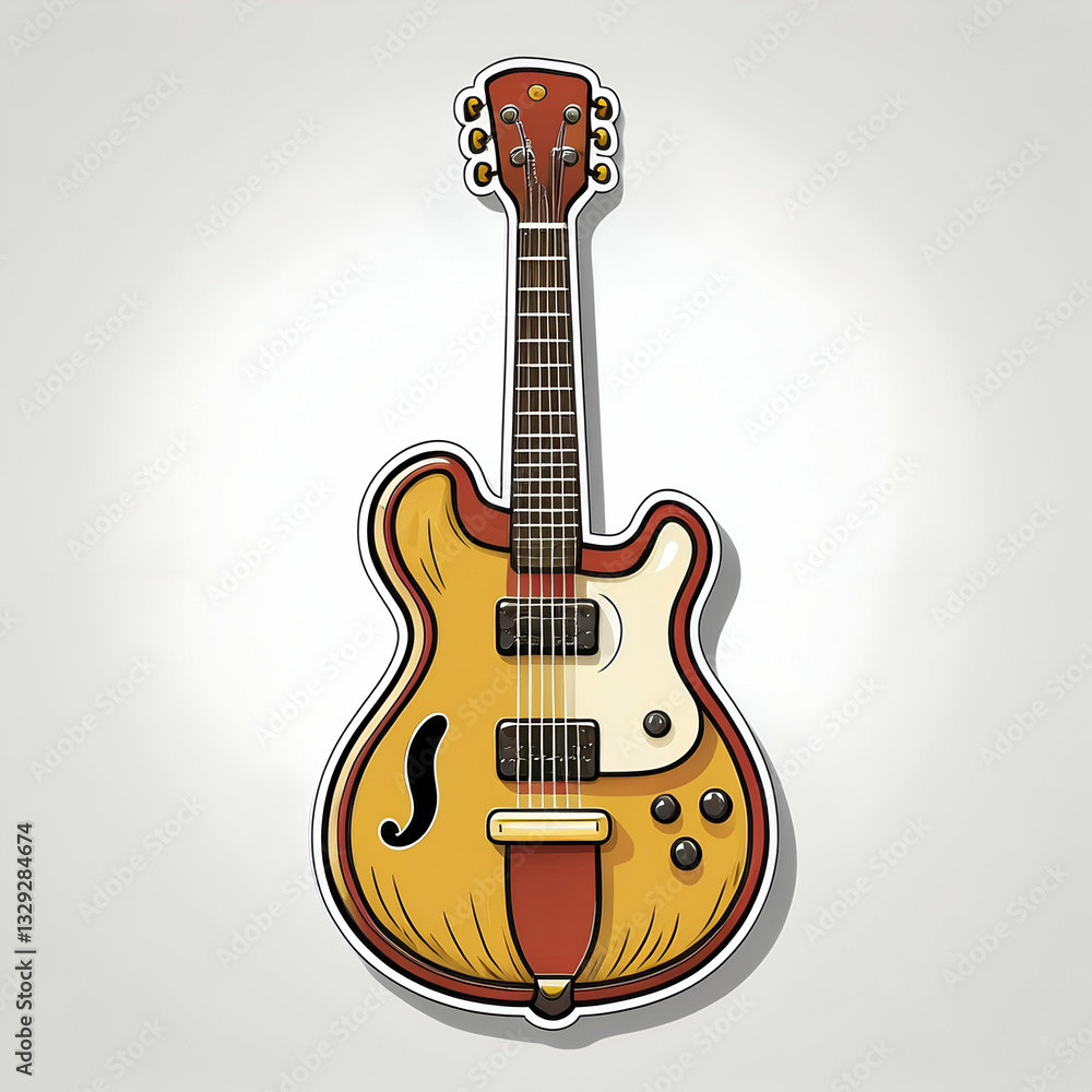 Obraz premium A Vintage Electric Guitar, A Symbol Of Rock And Rolls Golden Age, Displayed In A Bold, Sticker-style Illustration With Warm, Earthy Tones