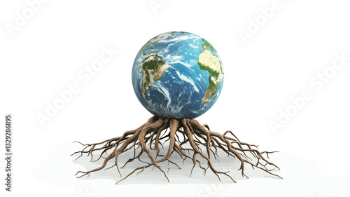 A three-dimensional digital rendering of a terrestrial globe resting upon a sprawling network of brown tree roots against a stark white background. The globe displays a realistic depiction of