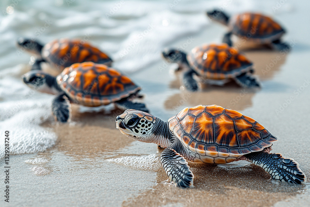 Obraz premium Turtles making their way to the ocean at sunset