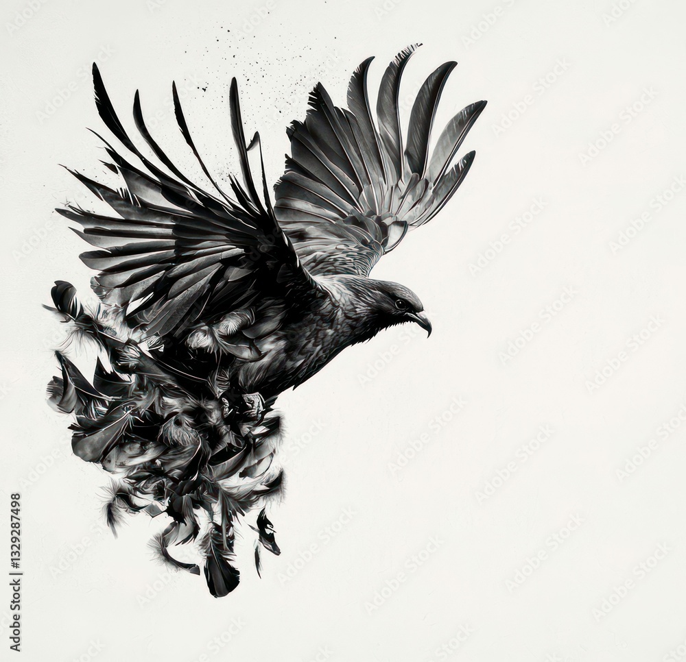 Fototapeta premium Dramatic monochrome illustration of a bird taking flight, surrounded by floating feathers.
