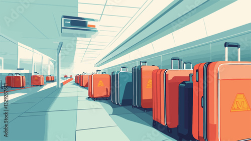 A digital illustration depicting a long corridor in an airport terminal.  Numerous suitcases and bags in shades of orange and grey are lined up along the walls, suggesting a luggage carousel or