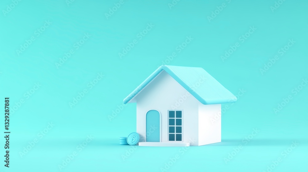 A simple house model, coins, with a light blue roof and a solid pastel background. The illustration is in an isometric, using a clay material and a white color palette. A simple house model, coins, with a light blue roof and a solid pastel background. The illustration is in an isometric, using a clay material and a white color palette.