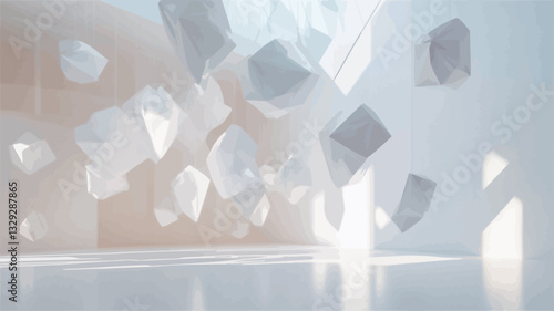 The image depicts a minimalist composition of numerous amorphous white shapes appearing to float in a bright, white space.  The forms vary in size and opacity, with some appearing translucent.