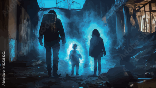 The image depicts three dark silhouettes—a man, a woman, and a child—standing in the center of a frame against a background of crumbling ruins. A vibrant, glowing blue light emanates from behind