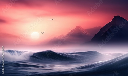 Gentle waves meet the shore as birds fly over mountains during a pink and serene sunrise.