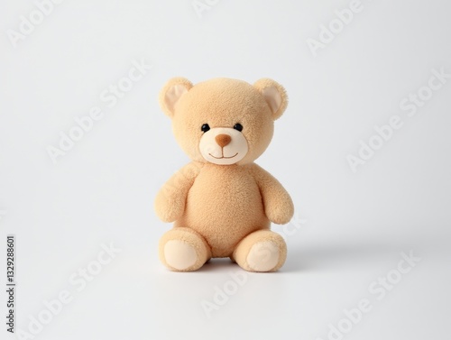 Cute plush teddy bear sitting on clean white background symbolizing childhood nostalgia warmth comfort and soft toy companionship