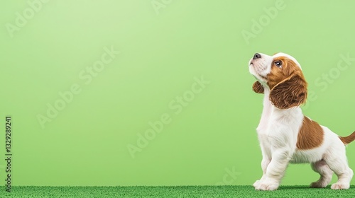 Realistic 1monthold Petit Basset Griffon Vendeen puppy standing playfully, shaggy fur, filmed for VFX against a green background photo