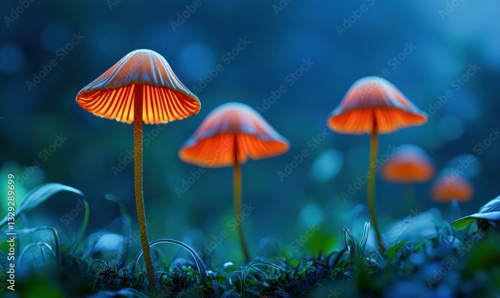 A close-up of glowing mushrooms illuminates the forest floor on a dark blue night. A close-up of glowing mushrooms illuminates the forest floor on a dark blue night.