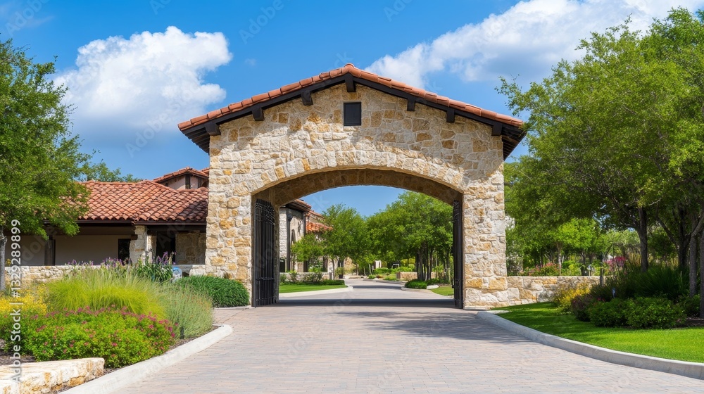 Scenic entrance archway leading to a landscaped pathway with greenery and blue skies