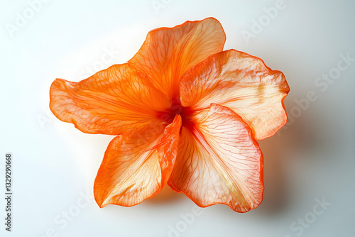 Photograph of an orange Canna lily flower, approximately 1 micron in size, with a red center on a white background, captured with natural lighting at a low angle to showcase the full bloom with no lea