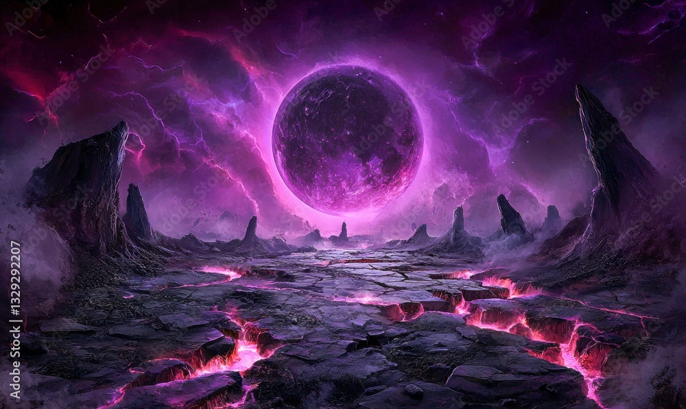 Fototapeta premium A surreal purple planet floats above a cracked, rocky landscape in a fantasy scene.