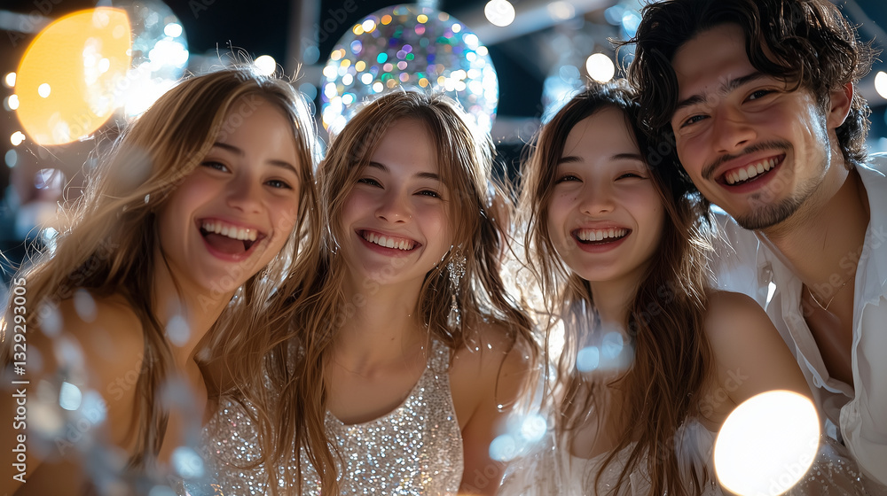 A group of friends laughs and dances, the mirror ball casting shimmering lights across their smiling faces. A group of friends laughs and dances, the mirror ball casting shimmering lights across their smiling faces.
