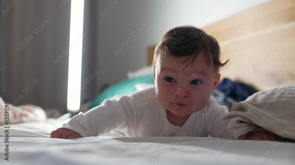 Baby lying on bed, lifting head with determined expression, early strength development, motor skills practice, childhood growth, tummy time exercise, cozy home moment Baby lying on bed, lifting head with determined expression, early strength development, motor skills practice, childhood growth, tummy time exercise, cozy home moment