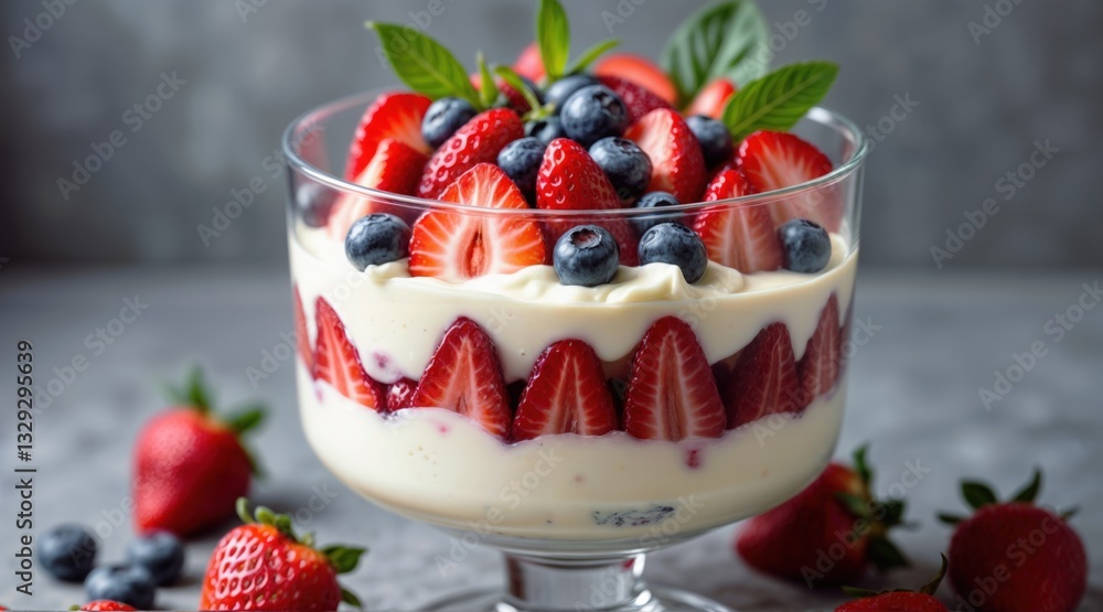 Glass trifle bowl with layers of white custard, whipped cream, strawberries, blueberries, raspberries, fresh leafy greens garnish, transparent bowl showing fruit layers, soft light, gray background, c Glass trifle bowl with layers of white custard, whipped cream, strawberries, blueberries, raspberries, fresh leafy greens garnish, transparent bowl showing fruit layers, soft light, gray background, c