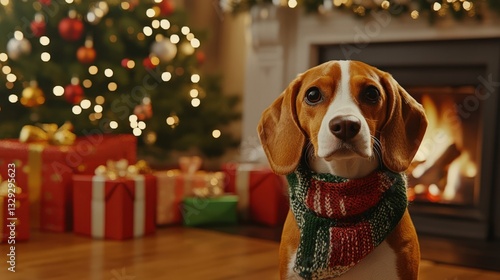 Joyful Beagle Dog Poses by the Christmas Tree and Cozy Fireplace