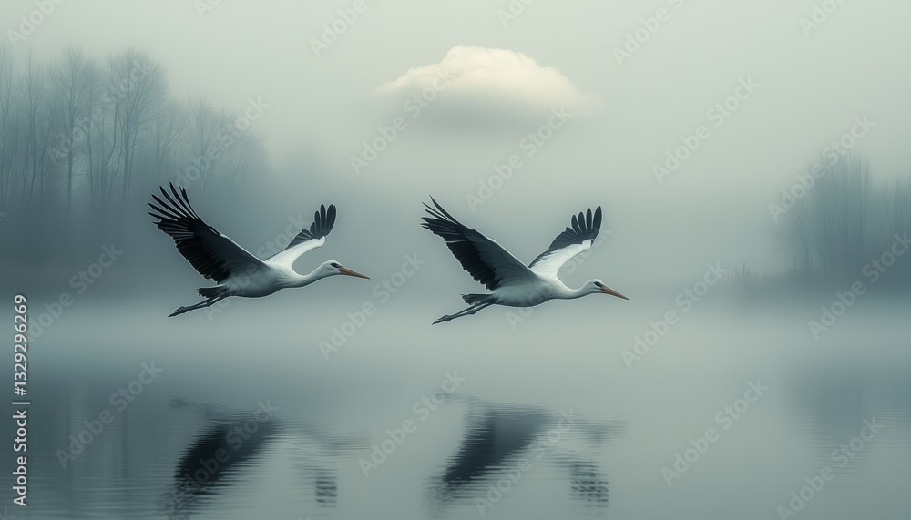 Fototapeta premium Two elegant cranes soar above a tranquil, fog-covered lake, reflecting serenity and harmony with nature's calm presence.