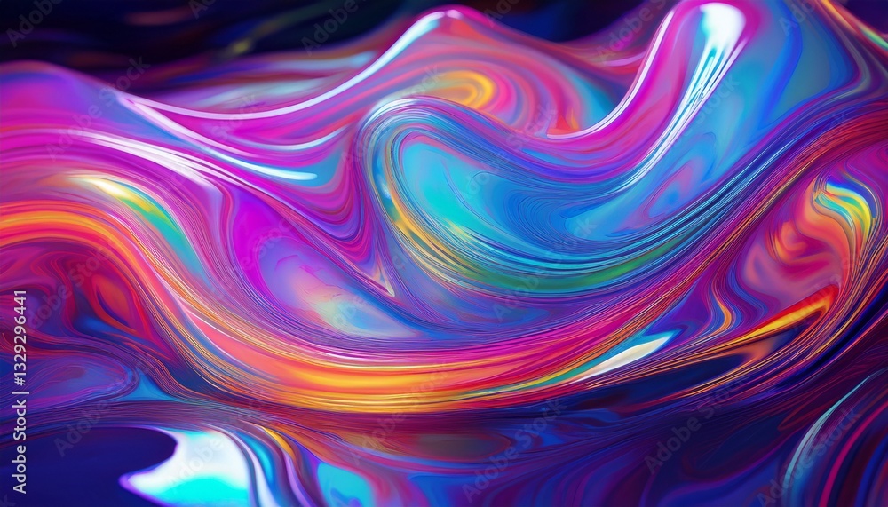 Obraz premium Holographic fluid swirls with dynamic neon hues and abstract forms, creating a mesmerizing, futuristic visual flow. 