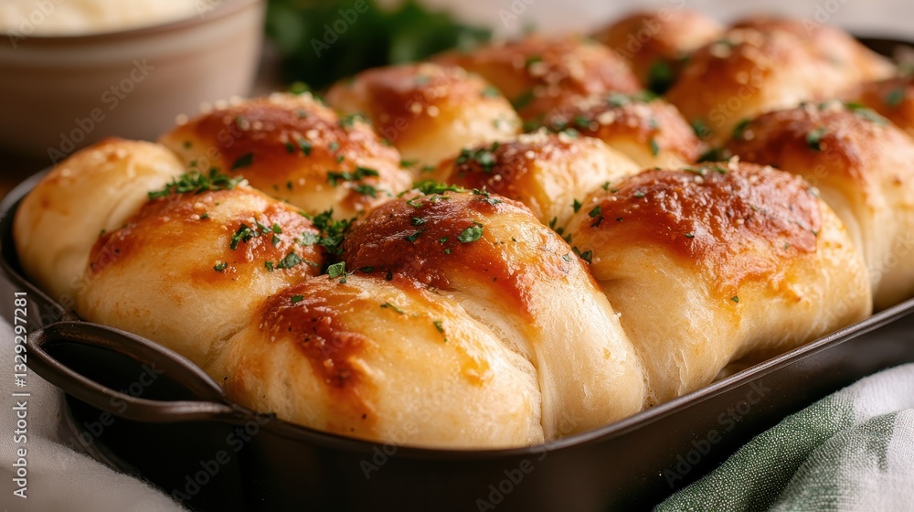 A scrumptious display of golden brown bread rolls decorated with fresh herbs make for an inviting side dish, appealing to both the eyes and appetite. A scrumptious display of golden brown bread rolls decorated with fresh herbs make for an inviting side dish, appealing to both the eyes and appetite.