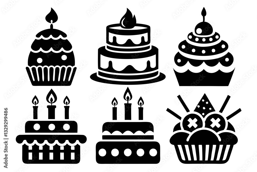 birthday cake icon set line art silhouette vector illustration birthday cake icon set line art silhouette vector illustration