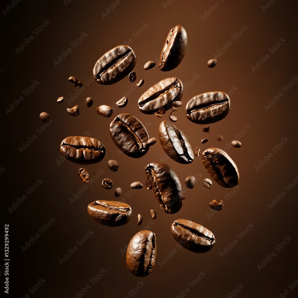 Close-up of flying roasted coffee beans on brown background Close-up of flying roasted coffee beans on brown background