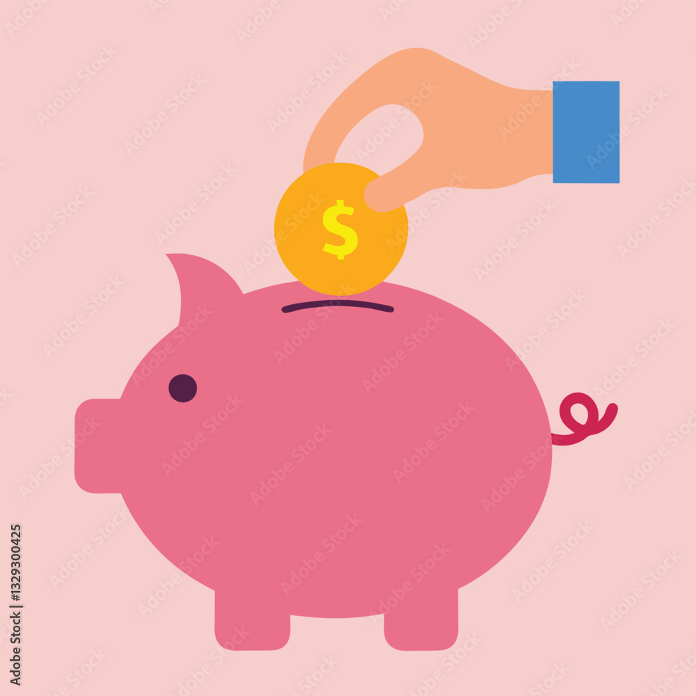 Piggy bank, coin deposit, saving money, flat illustration, minimalist design, pastel colors, pink background, blue hand, golden coin, dollar sign, financial concept, stylized pig, Piggy bank, coin deposit, saving money, flat illustration, minimalist design, pastel colors, pink background, blue hand, golden coin, dollar sign, financial concept, stylized pig,