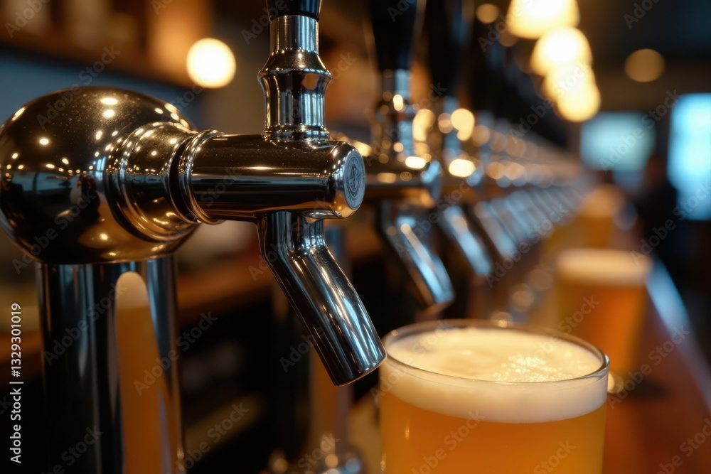 Gleaming chrome beer taps dispensing golden liquid , barware, local pub, pub interior Gleaming chrome beer taps dispensing golden liquid , barware, local pub, pub interior