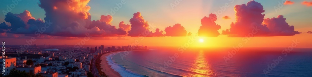 Fototapeta premium Golden sun dips below Tel Aviv horizon, painting sky vibrant hues , cityscape, pink